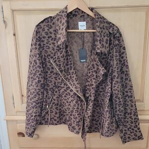 Kensie Brown Bomber Jacket with Animal Print